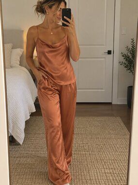 Victoria’s Secret Satin Pajama Set Womens XL Copper Cami Pants Y2K